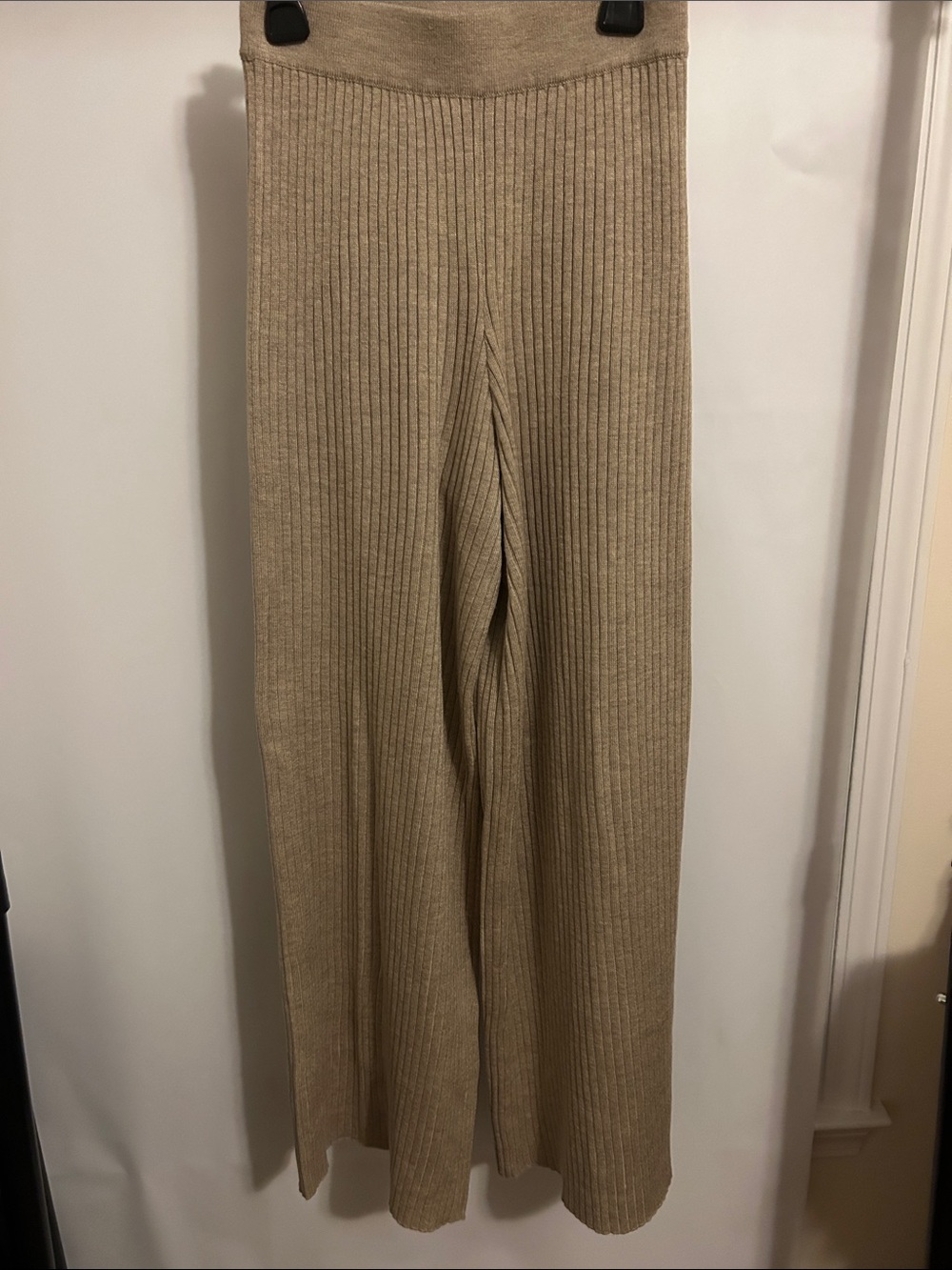 Wide Leg Ribbed Knit Pants in Beige